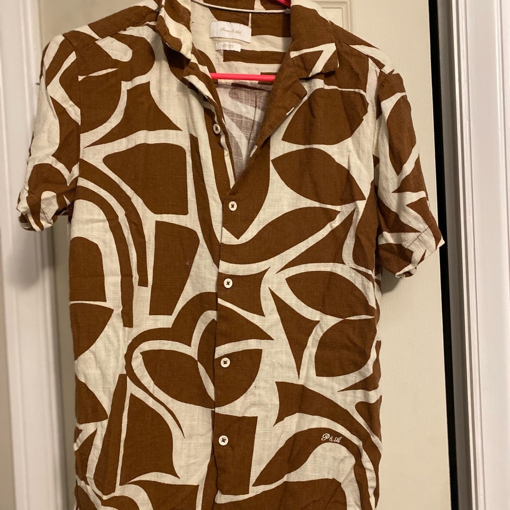 Brown and White Casual Button Down Shirt with Abstract Design